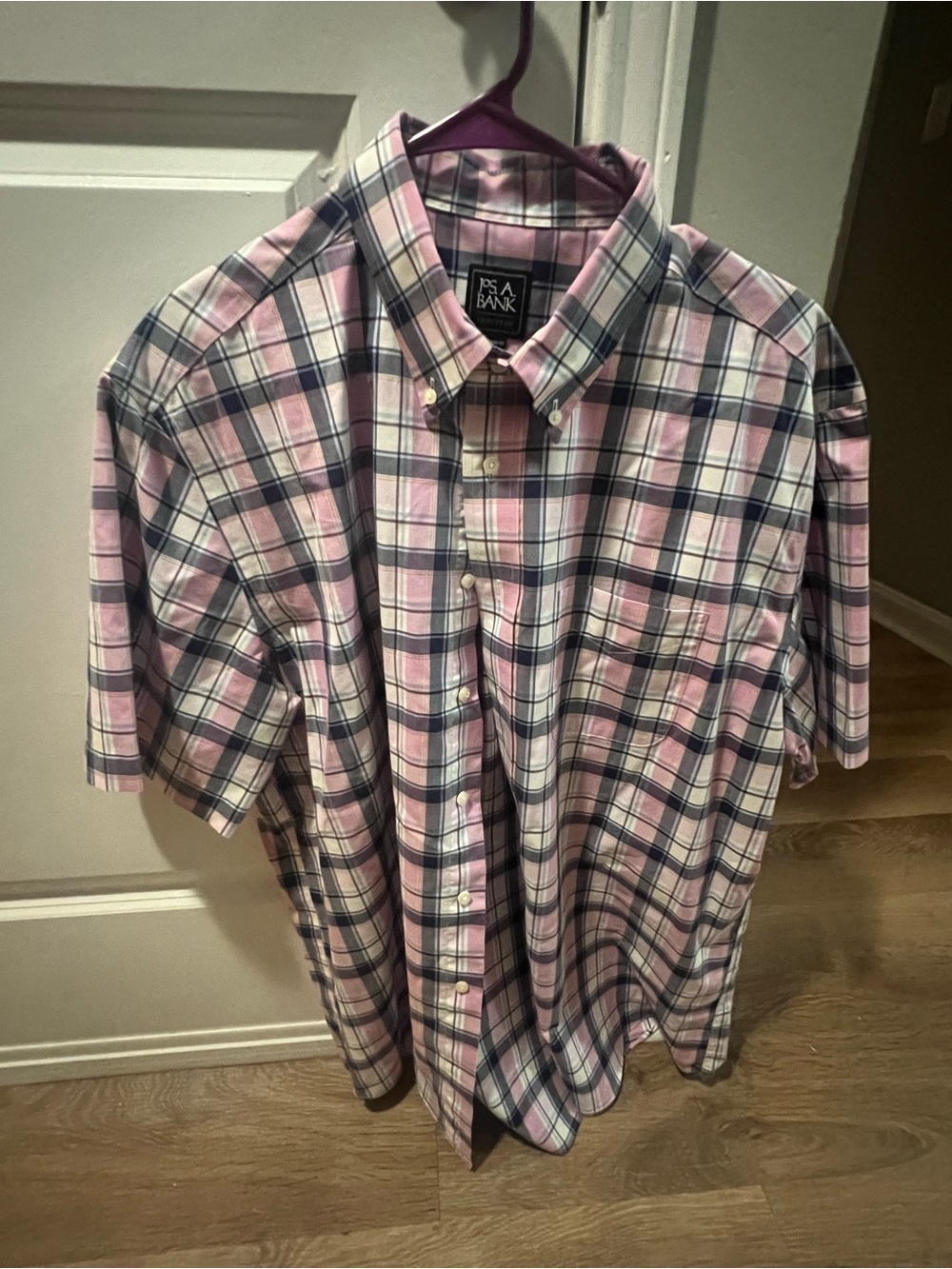 Jos. A. Bank Pink and Navy Plaid Short-Sleeve Button-Down Shirt